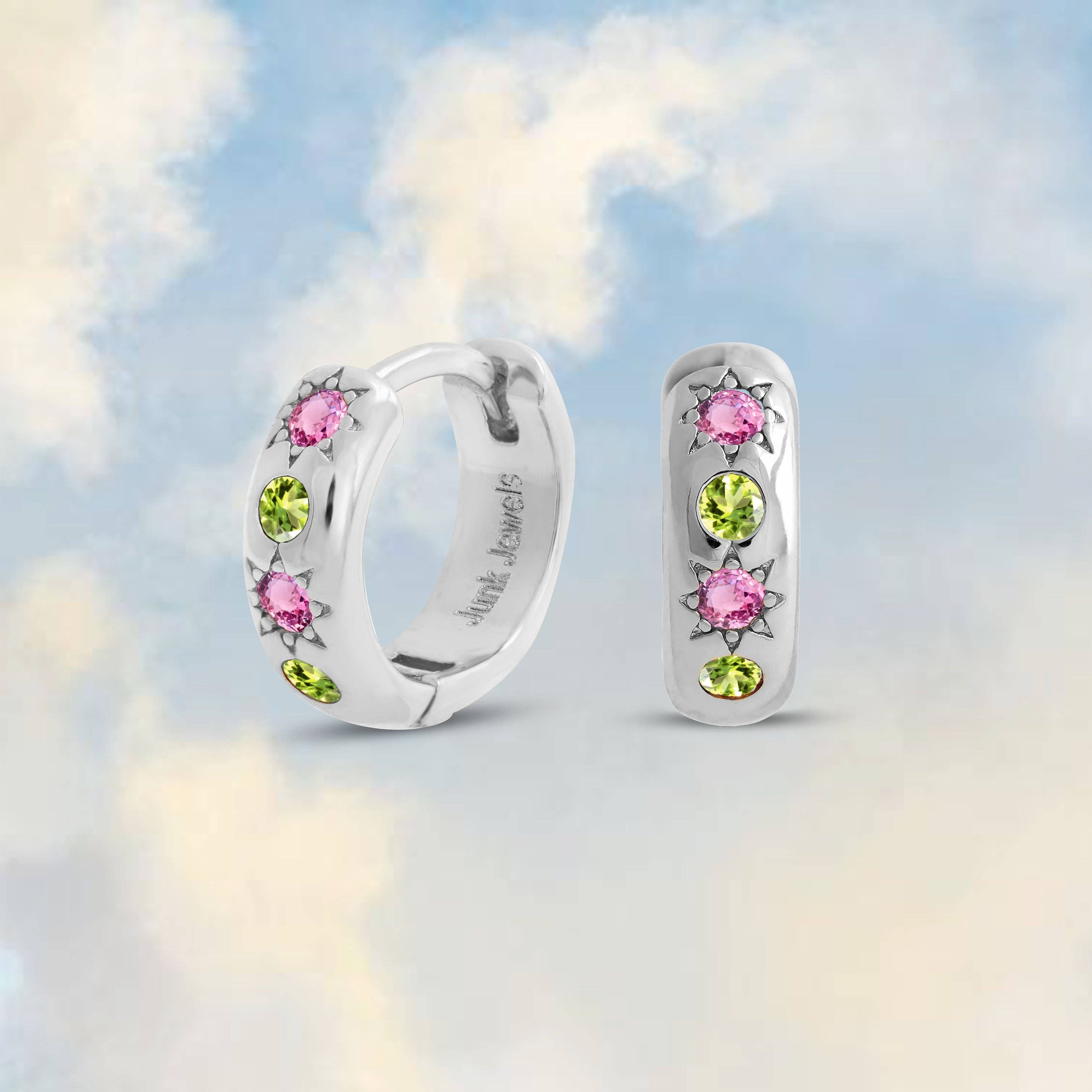 Pink and Green Stone Petite Hoop Earrings