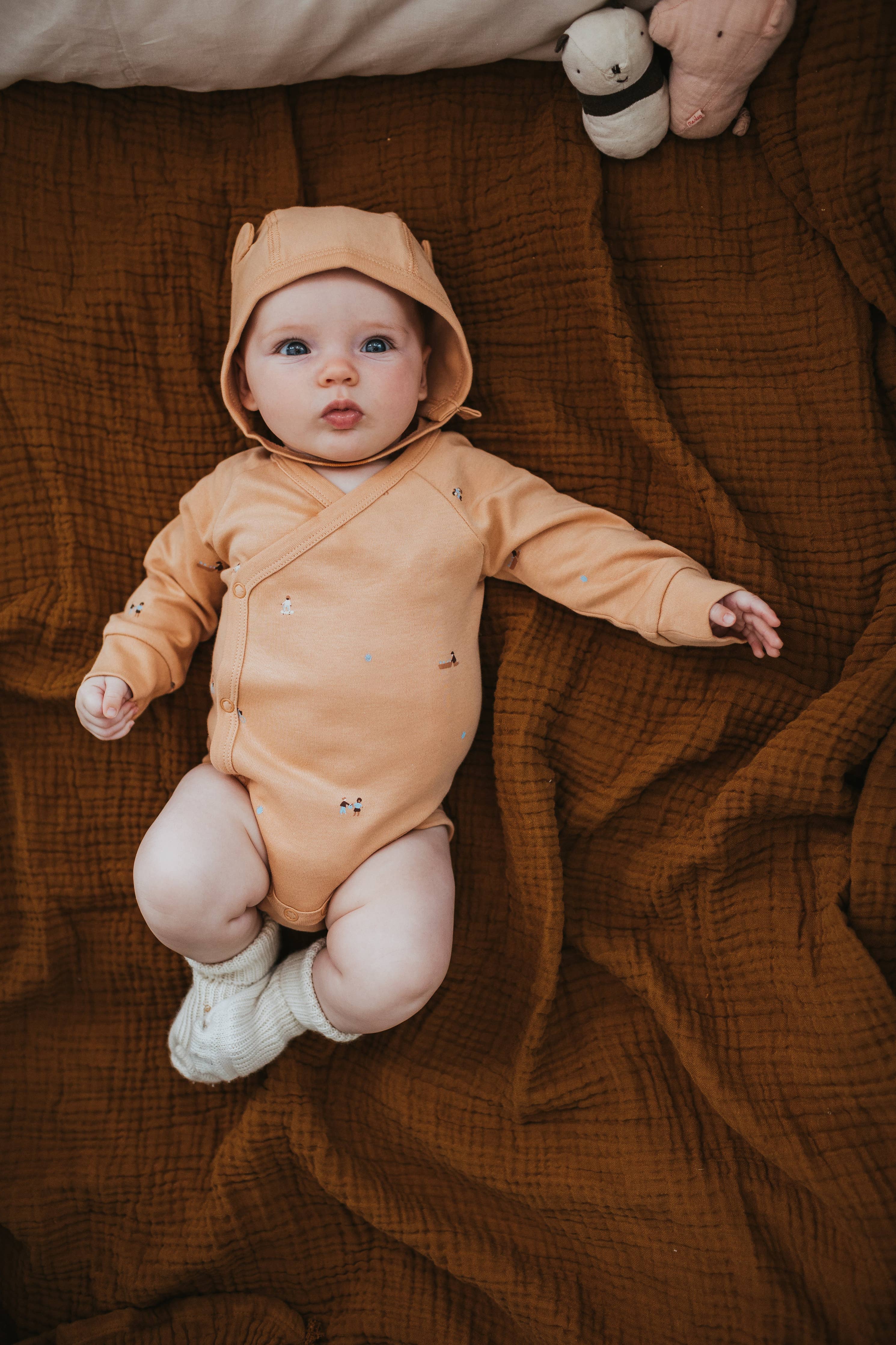 Organic Cotton Wrap Over Long Sleeve Bodysuit in Clay