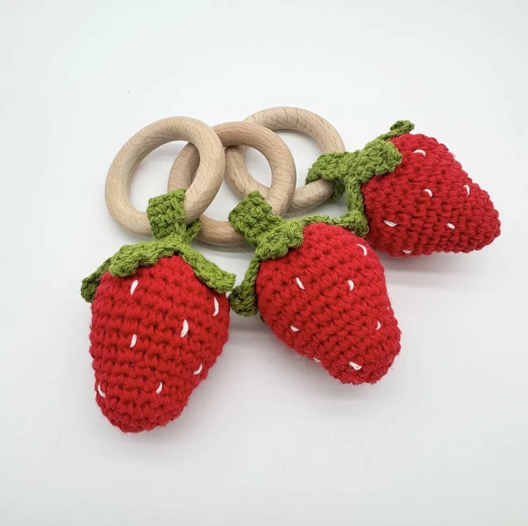 Handmade Crocheted Rattle with Beech Wood Ring – Strawberry