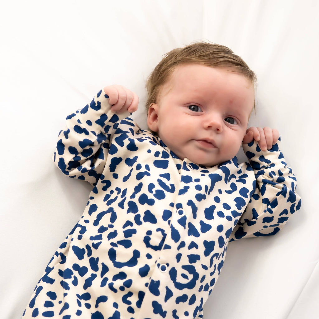 Baby Cotton Sleepsuit – Blue Leopard Print