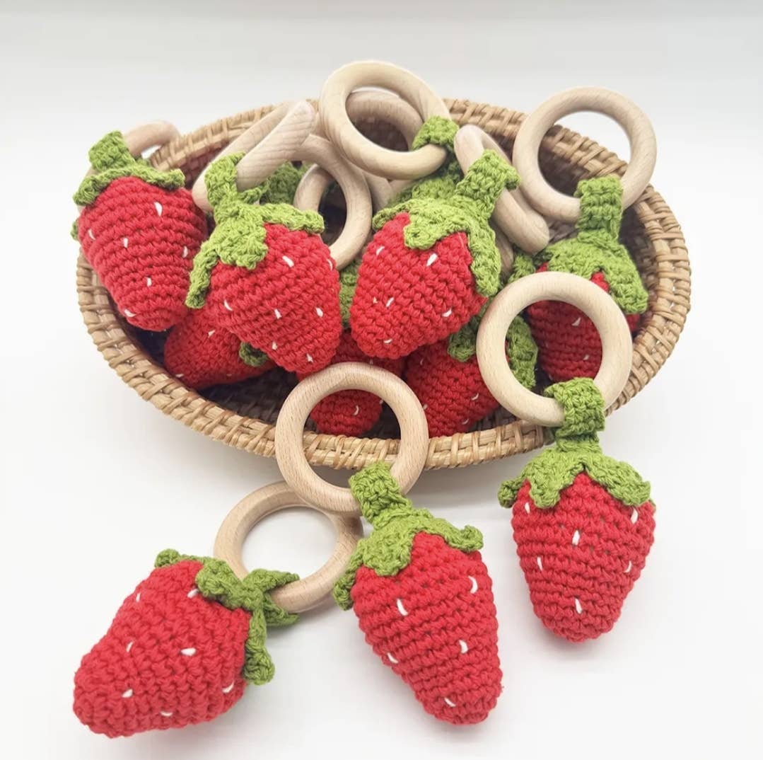 Handmade Crocheted Rattle with Beech Wood Ring – Strawberry